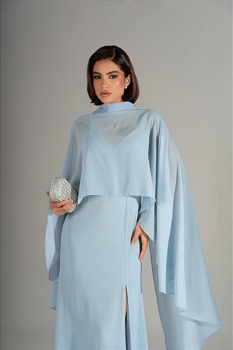 VESTIDO CREPE ALCINHA COM DECOTE V CAPA GOLA ALTA AZUL SERENITY