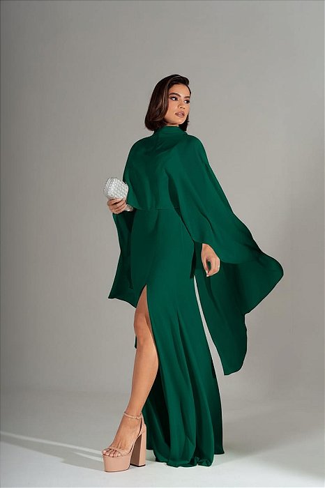 VESTIDO CREPE ALCINHA COM DECOTE V CAPA GOLA ALTA VERDE ESMERALDA