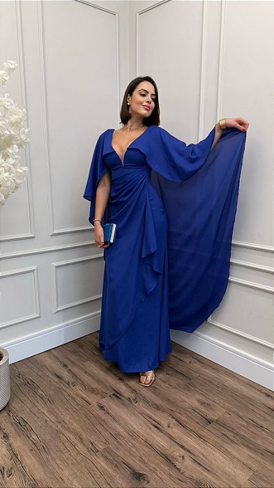 VESTIDO CREPE COM MANGA CAPA DETALHE TULE NO DECOTE DRAPEADO NA LATERAL AZUL BIC