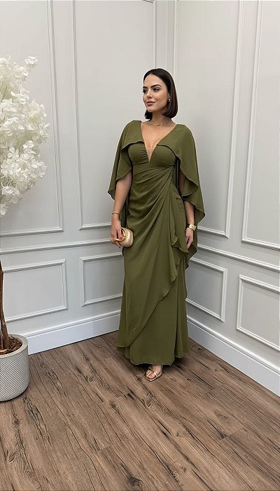 VESTIDO CREPE COM MANGA CAPA DETALHE TULE NO DECOTE DRAPEADO NA LATERAL VERDE OLIVA