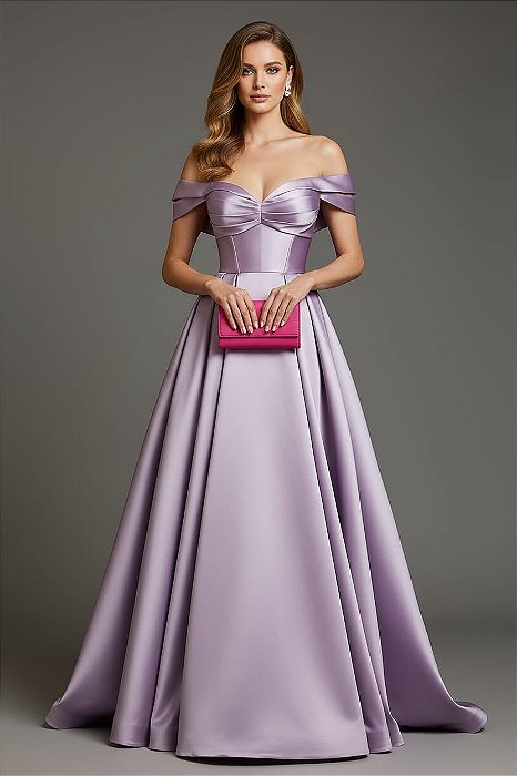 VESTIDO ZIBELINE ALÇA DUPLA COM BUSTO DRAPEADO ESTILO CORPETE LILÁS