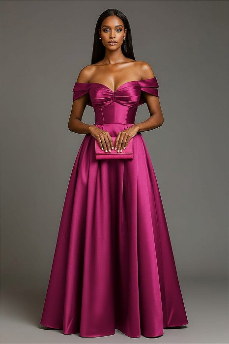 VESTIDO ZIBELINE ALÇA DUPLA COM BUSTO DRAPEADO ESTILO CORPETE FUCSIA