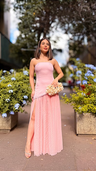 VESTIDO TOMARA QUE CAIA CREPE COM SAIA DE TULE ROSE