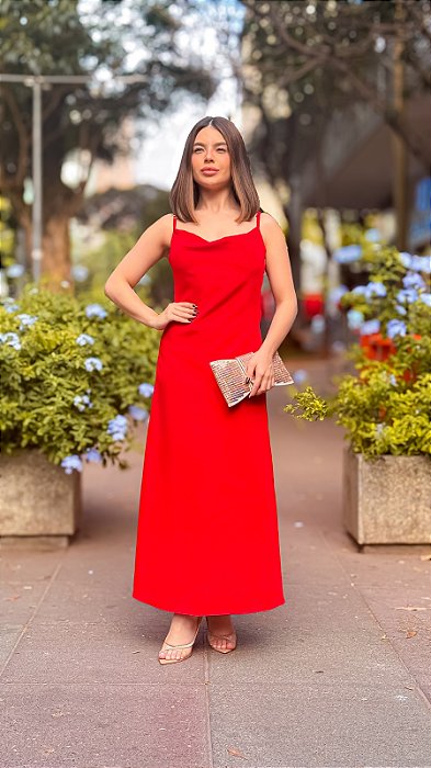 VESTIDO NEW MIDI CREPE SEDA COM ALCINHA LISO VERMELHO