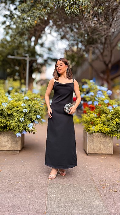 VESTIDO NEW MIDI CREPE SEDA COM ALCINHA LISO PRETO