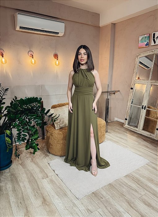 VESTIDO CREPE ALCINHA COM CAPA DIVERSA VERDE OLIVIA