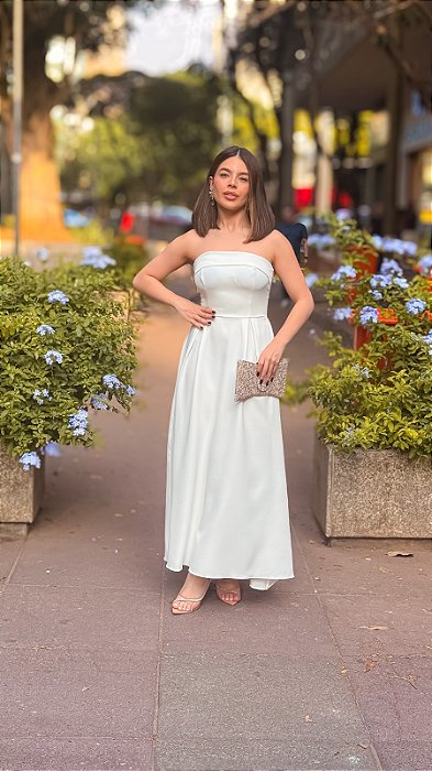 VESTIDO MIDI TOMARA QUE CAIA CINTURA MARCADA BRANCO