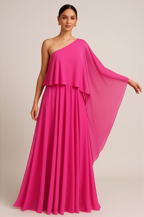 VESTIDO LONGO MICROTULE OMBRO SÓ  COM DETALHE CAPA PINK