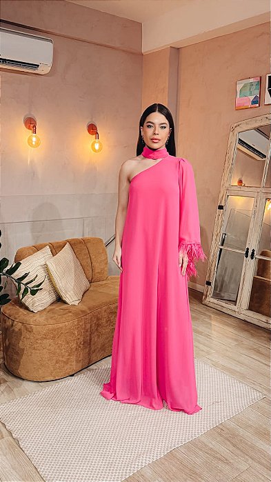 VESTIDO LONGO OMBRO SÓ COM DETALHE PLUMA NA MANGA PINK