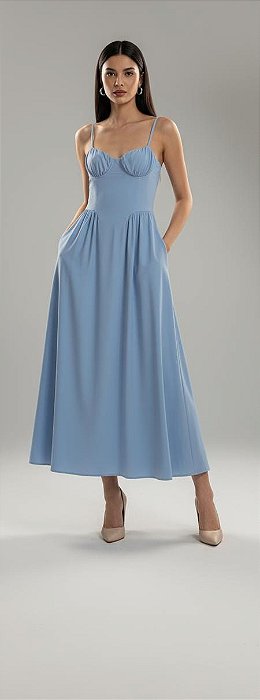 VESTIDO ALFAIATARIA NEW MIDI PRETO ALCINHA COM CINTURA BAIXA AZUL SERENITY