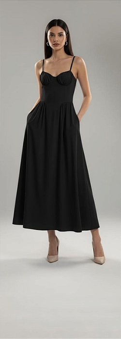 VESTIDO ALFAIATARIA NEW MIDI PRETO ALCINHA COM CINTURA BAIXA PRETO