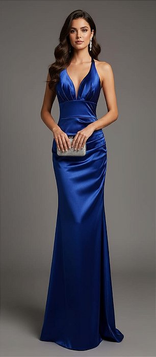 VESTIDO PRADA COM ESLATANO ALCINHA COM AMARRAÇÃO NAS COSTAS BUSTO DRAPEADO CINTURA MARCADA AZUL BIC