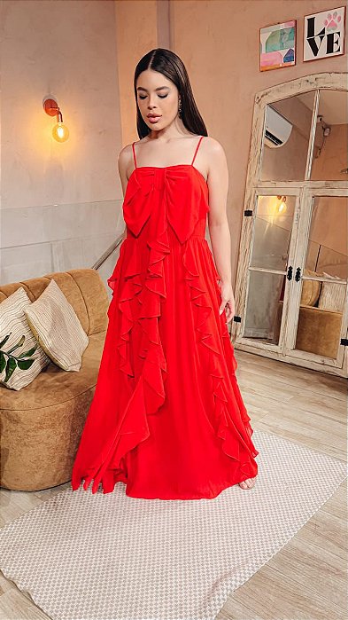 VESTIDO CHIFFON COM DETALHE LAÇO NO BUSTO E BABADOS VERTICAIS  VERMELHO