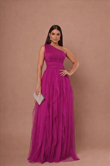 VESTIDO LONGO MICROTULE UM OMBRO SÓ PALA CINTURA SAIA EM CAMADAS VERTICAIS COM VOLUME PINK