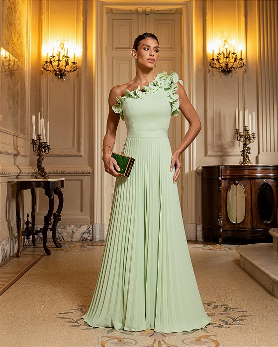 VESTIDO CHIFFON COM DETALHE BABADO OMBRO SÓ SAIA PLISSADA  VERDE CLARO