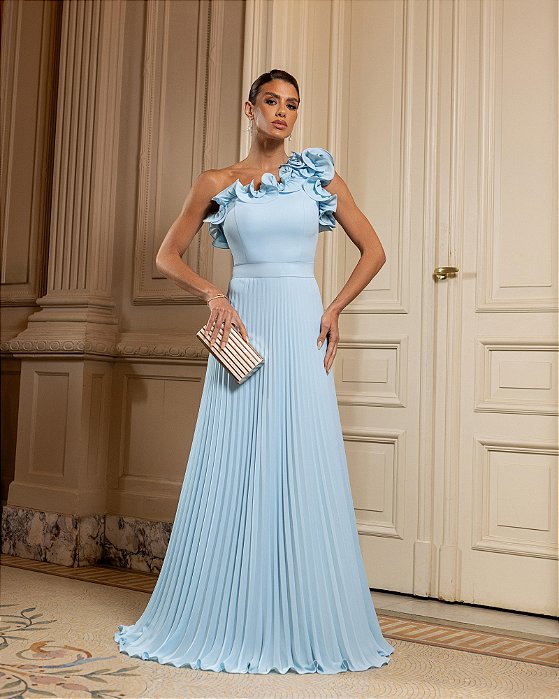 VESTIDO CHIFFON COM DETALHE BABADO OMBRO SÓ SAIA PLISSADA  AZUL SERENITY