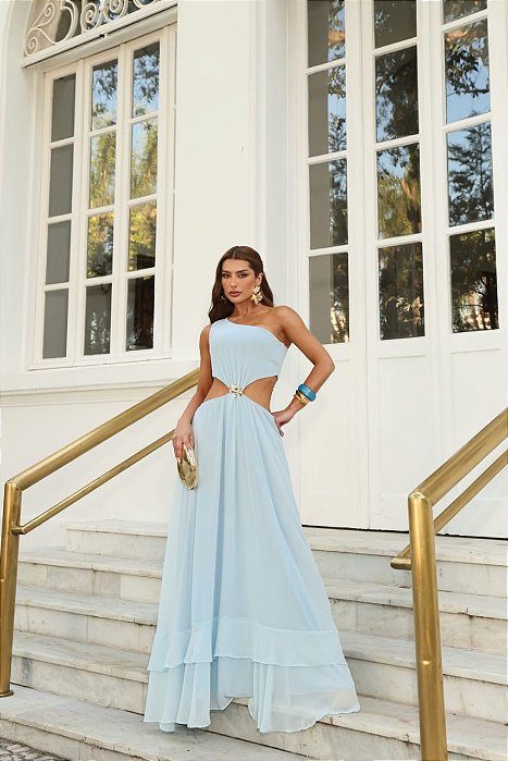 VESTIDO LONGO OMBRO SÓ COM DETALHE FLOR ABAIXO DO BUSTO SAIA COM CAMADAS AZUL SERENITY