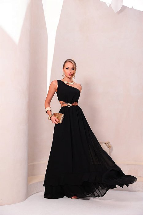 VESTIDO LONGO OMBRO SÓ COM DETALHE FLOR ABAIXO DO BUSTO SAIA COM CAMADAS PRETO