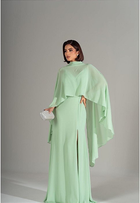 VESTIDO CREPE ALCINHA COM DECOTE V CAPA GOLA ALTA VERDE CLARO