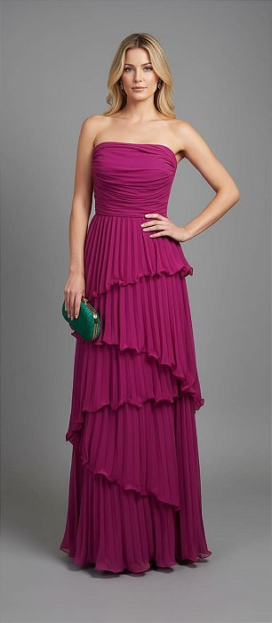 VESTIDO CHIFFON PLISSADO COM CAMADAS FUCSIA