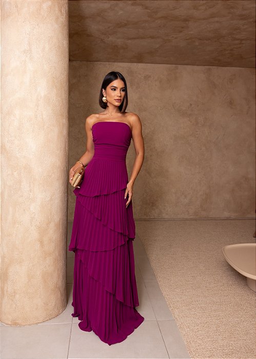 VESTIDO CHIFFON PLISSADO COM CAMADAS FUCSIA