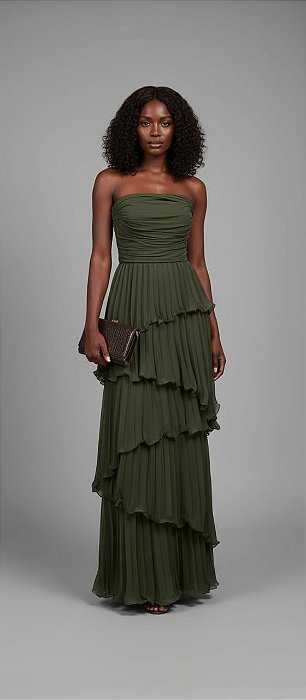 VESTIDO CHIFFON PLISSADO COM CAMADAS VERDE OLIVA