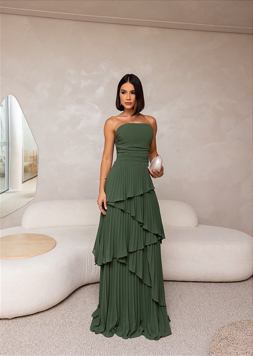 VESTIDO CHIFFON PLISSADO COM CAMADAS VERDE OLIVA