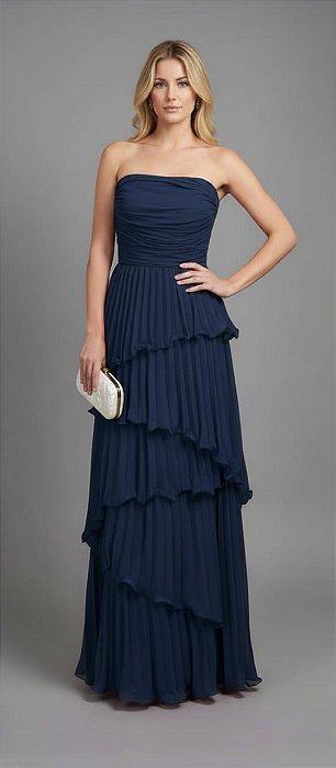 VESTIDO CHIFFON PLISSADO COM CAMADAS AZUL MARINHO