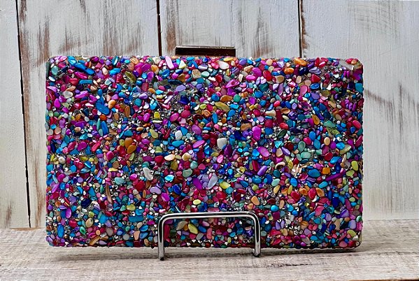 CLUTCH QUADRADA PEDRAS COLORIDAS