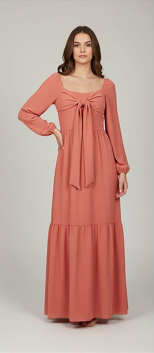 VESTIDO MIDI COM MANGA DETALHE LAÇO NO BUSTO GOIABA