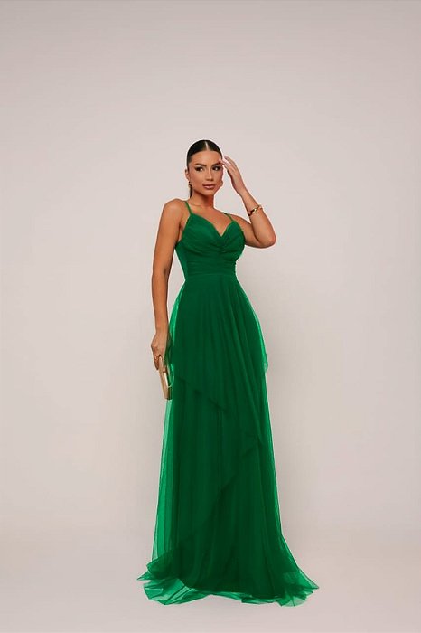 VESTIDO MICROTULE DE ALCINHA COM BUSTO DRAPEADO E SAIA COM CAMADAS VERDE ESMERALDA