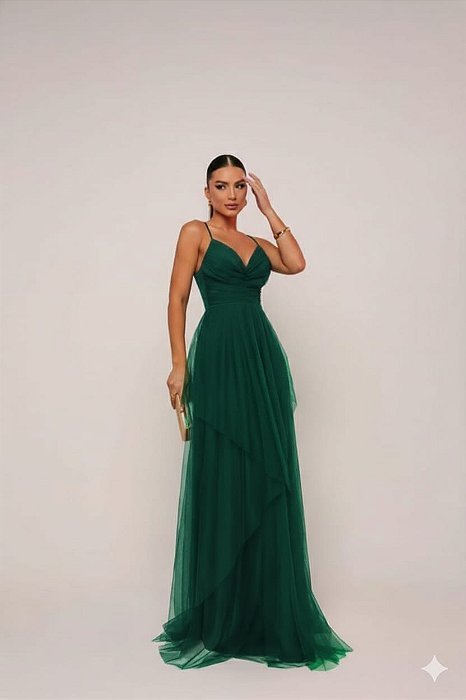 VESTIDO MICROTULE DE ALCINHA COM BUSTO DRAPEADO E SAIA COM CAMADAS VERDE PETROLEO