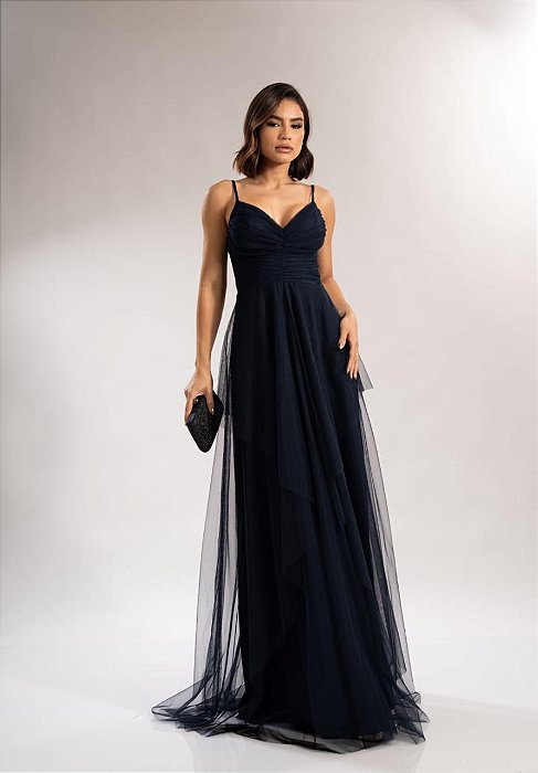 VESTIDO MICROTULE DE ALCINHA COM BUSTO DRAPEADO E SAIA COM CAMADAS AZUL MARINHO