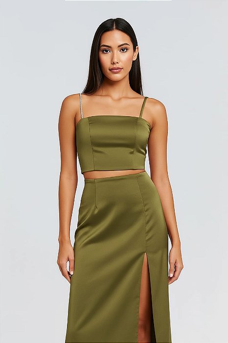 CONJUNTO CETIM CROPPED E SAIA ALÇA COM BRILHO VERDE OLIVA