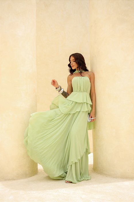VESTIDO LONGO CHIFFON COM ECHARPE DETALHE PEPLUM COM CAMADAS VERDE MENTA