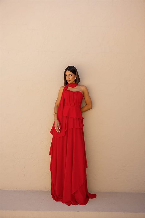 VESTIDO LONGO CHIFFON COM ECHARPE DETALHE PEPLUM COM CAMADAS VERMELHO