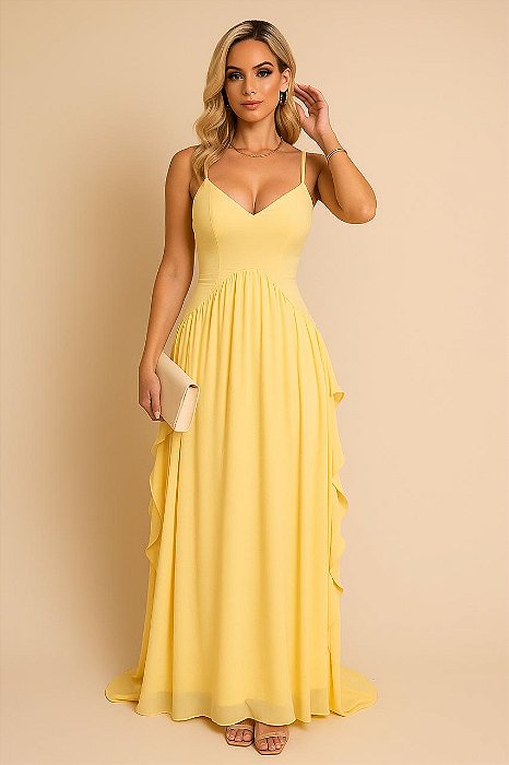 VESTIDO LONGO ALCINHA CHIFFON BABADOS NA LATERAL COM DECOTE V AMARELO