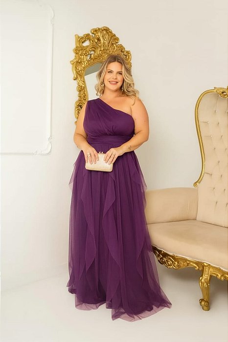 VESTIDO LONGO MICROTULE UM OMBRO SÓ PALA CINTURA SAIA EM CAMADAS VERTICAIS COM VOLUME ROXO