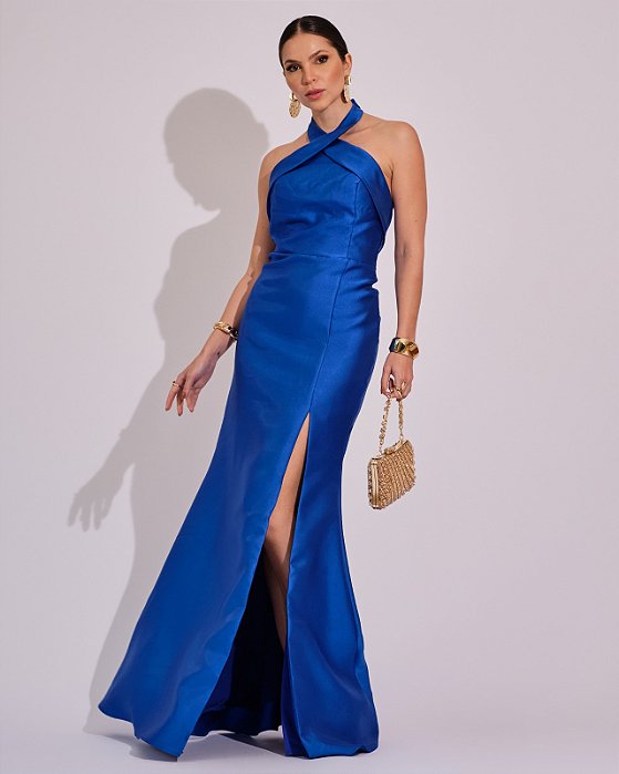 VESTIDO ZIBELINE LONGO GOLA TRANSPASSADA EFEITO DRAPEADO SOBRE O BUSTO AZUL ROYAL