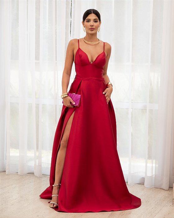 VESTIDO ZIBELINE LONGO ALCINHA COM SAIA AMPLA  E ESTRUTURADA DECOTE V VERMELHO