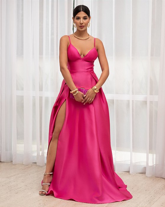 VESTIDO ZIBELINE LONGO ALCINHA COM SAIA AMPLA  E ESTRUTURADA DECOTE V PINK
