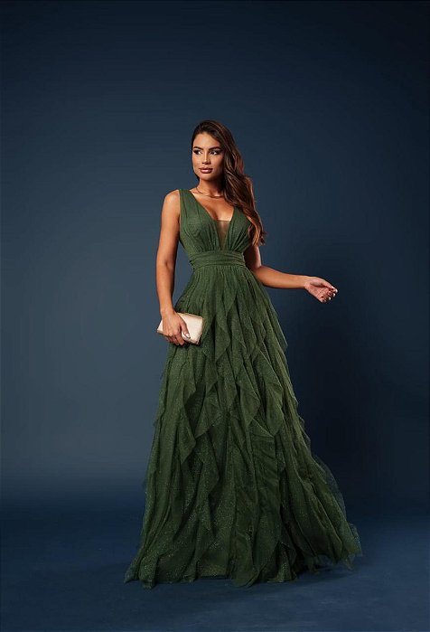 VESTIDO LONGO MICROTULE COM BRILHO SAIA EM CAMADAS VERTICAIS ALÇA LARGA  VERDE OLIVA