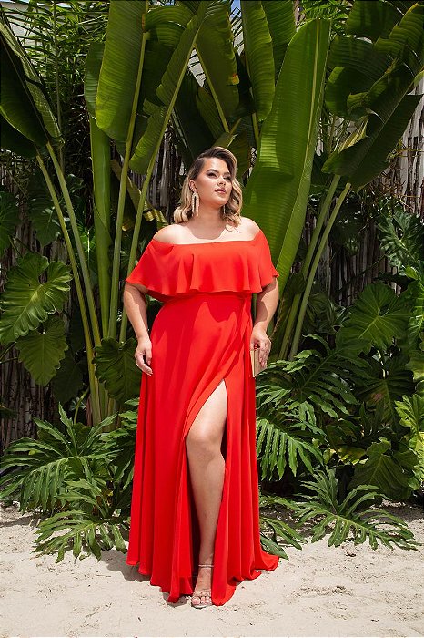 VESTIDO LONGO CHIFFON COM MANGA CAPA E FENDA NA LATERAL VERMELHO