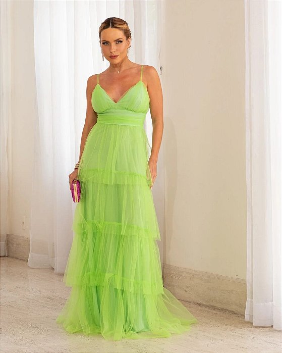 VESTIDO LONGO MICROTULE DE ALCINHA COM SAIA EM CAMADAS VERDE LIMA