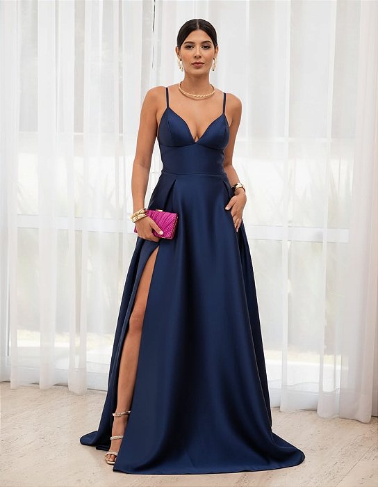 VESTIDO ZIBELINE LONGO ALCINHA COM SAIA AMPLA  E ESTRUTURADA DECOTE V AZUL MARINHO