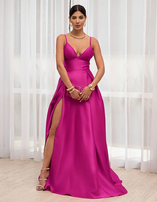 VESTIDO ZIBELINE LONGO ALCINHA COM SAIA AMPLA  E ESTRUTURADA DECOTE V FUCSIA