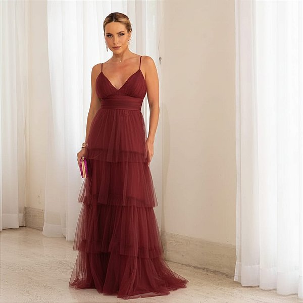 VESTIDO LONGO MICROTULE DE ALCINHA COM SAIA EM CAMADAS MARSALA