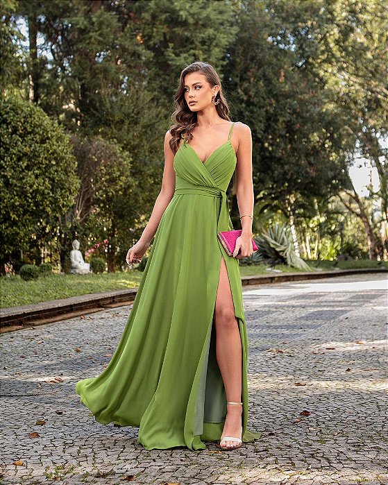VESTIDO LONGO CREPE SEDA ALCINHA BUSTO DRAPEADO VERDE CLARO