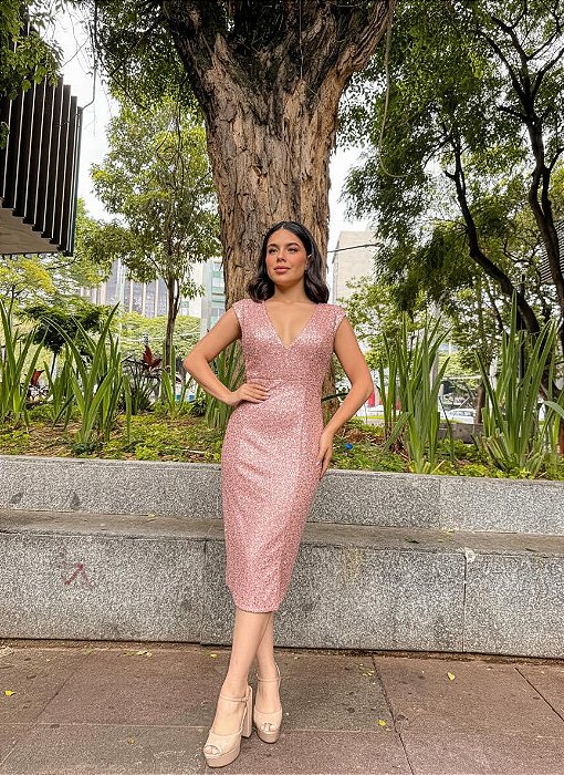 VESTIDO MIDI PAETÊ DECOTE V COSTAS VAZADA COM AMARRAÇÃO ROSE
