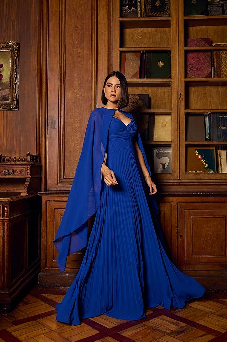 VESTIDO LONGO CHIFFON PLISSADO ALCINHA CAPA AZUL ROYAL